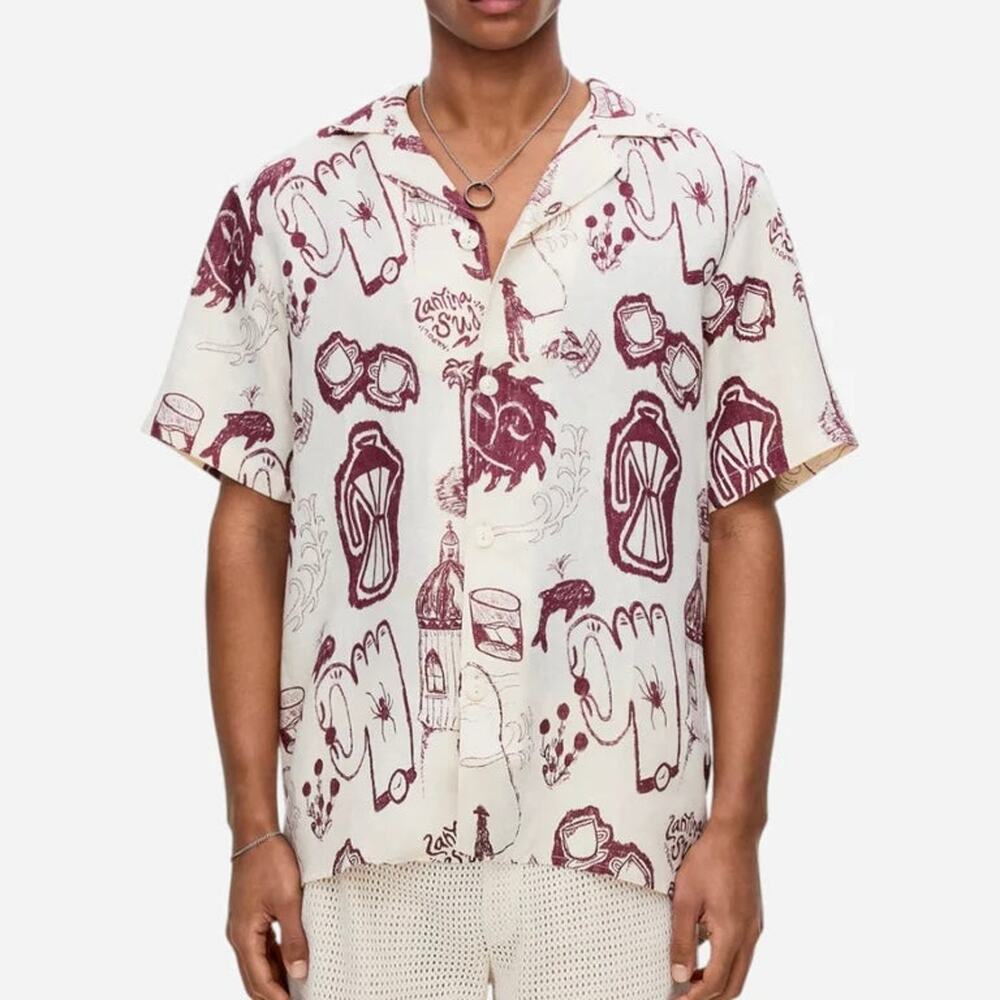 OAS Cuba Linen Cantina Scribble Print Beige Shirt XXL NEW Short Sleeve Button Up